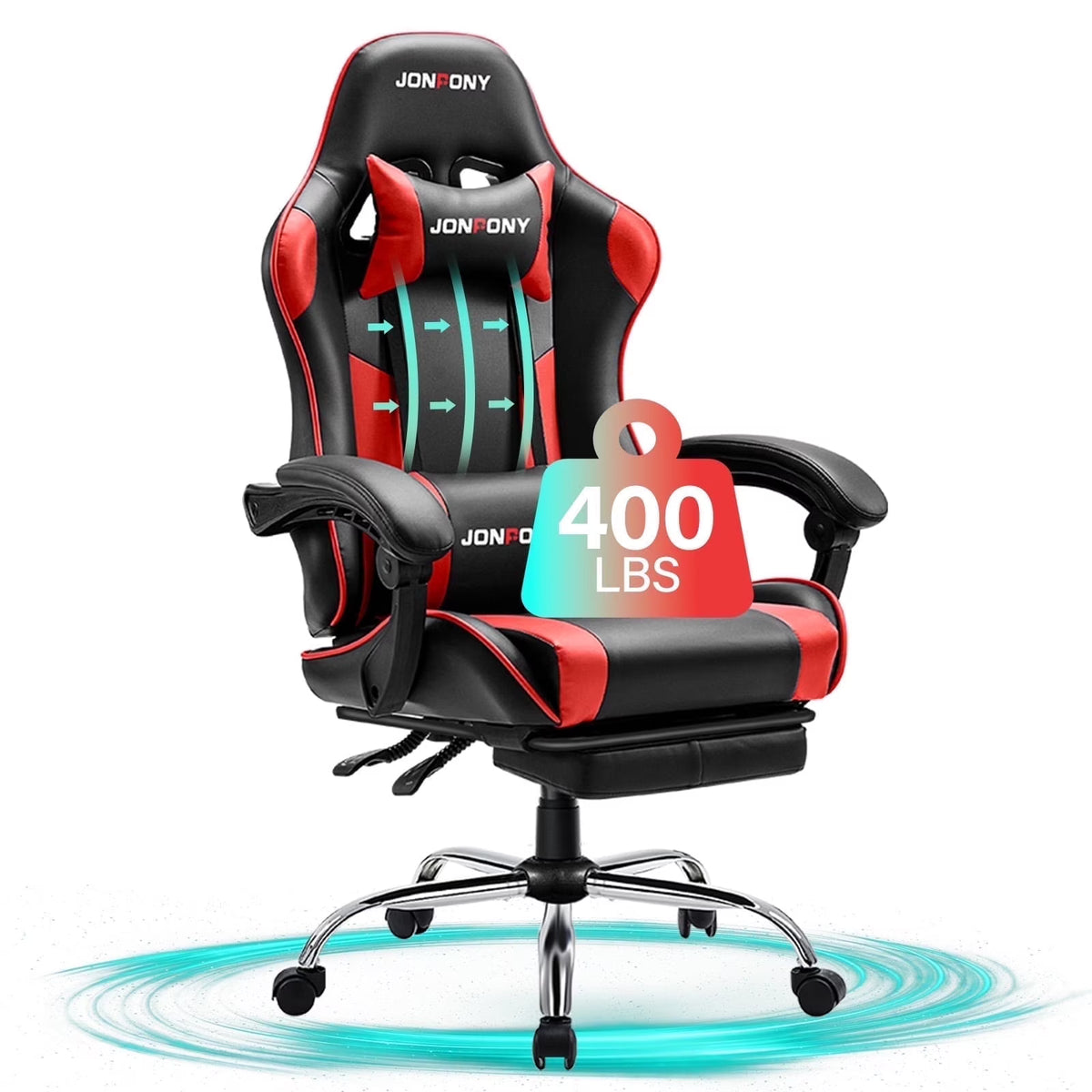 JONPONY Big and Tall Gaming Chair, Ergonomic Design, Gamer Chair PU Leather with Footrest and Lumbar Support, High Back Office Chair Support 8 Hours Long Sitting, Computer Chair,Black Grey