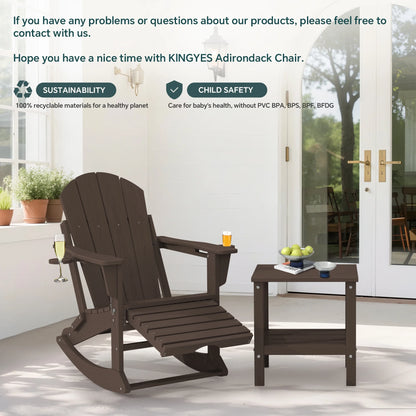 KINGYES Folding Adirondack Rocker Chair Set of 2 W/ Footrest & Dual Cup Holders, HDPE Outdoor Patio Rocking Chair, Black
