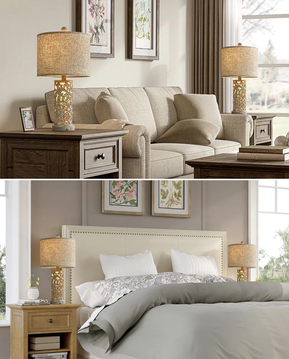 Oneach 3 Way Dimmable Touch Table Lamps for Living Room Bedroom Set of 2 Bedside Lamps with USB Ports 21" Retro Farmhouse Nightstands Lamp Resin(Bulbs)