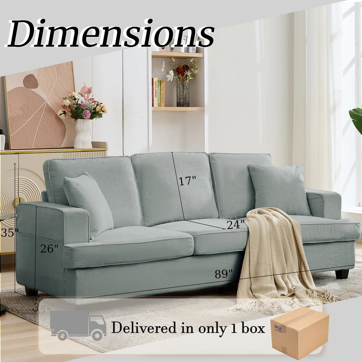 Korser 89" Chenille Sofa 3 Seater Couch with Extra Upholstered Deep Seats for Living Room,Removable Cover,Beige