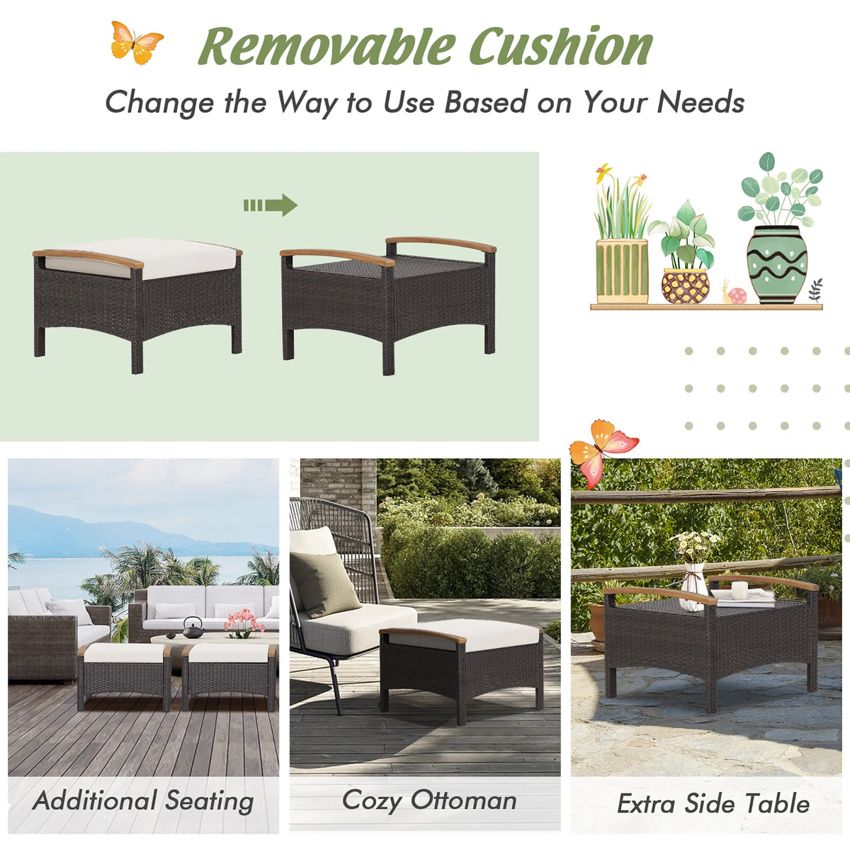 Costway Set of 2 Patio Rattan Ottoman Footrest Cushions Wooden Handle Beige
