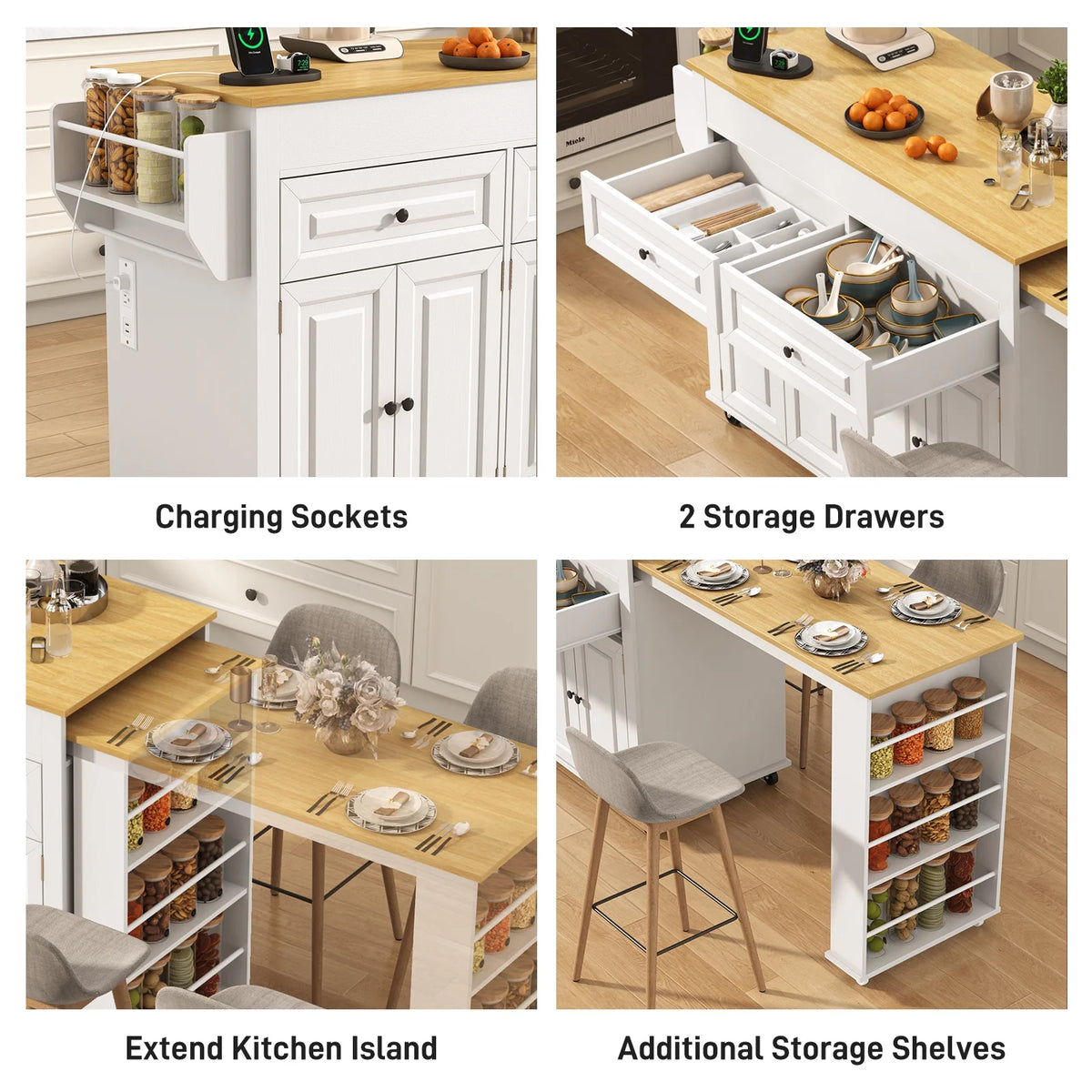 ANPOO Large Kitchen Island with Extendable Dining Table and Power Outlet, Rolling Kitchen Island Cart on Wheels with 2 Storage Cabinets & 2 Drawers & 3 Spice Racks, Island Table for Kitchen