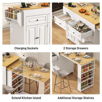 ANPOO Large Kitchen Island with Extendable Dining Table and Power Outlet, Rolling Kitchen Island Cart on Wheels with 2 Storage Cabinets & 2 Drawers & 3 Spice Racks, Island Table for Kitchen