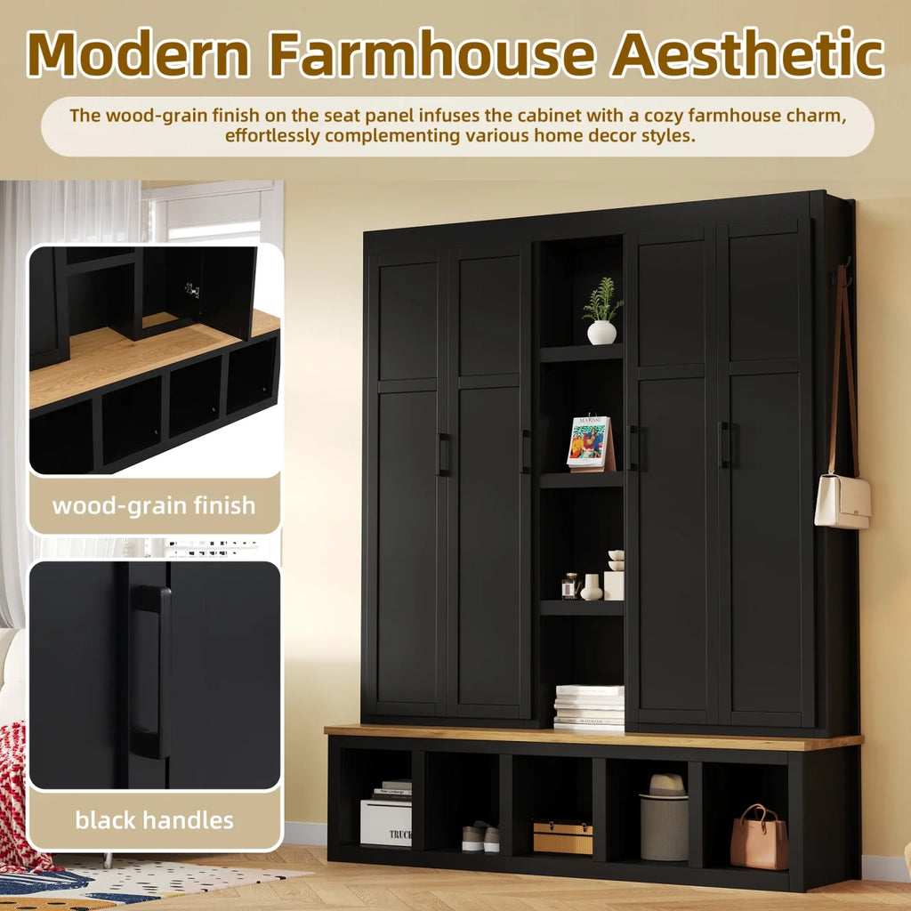 63" Farmhouse Hall Tree with Bench and Shoe Storage, 4-in-1 Entryway Bench with 4 Storage Cabinets, 5 Shoe Cabinets and 6 Hanging Hooks, Black