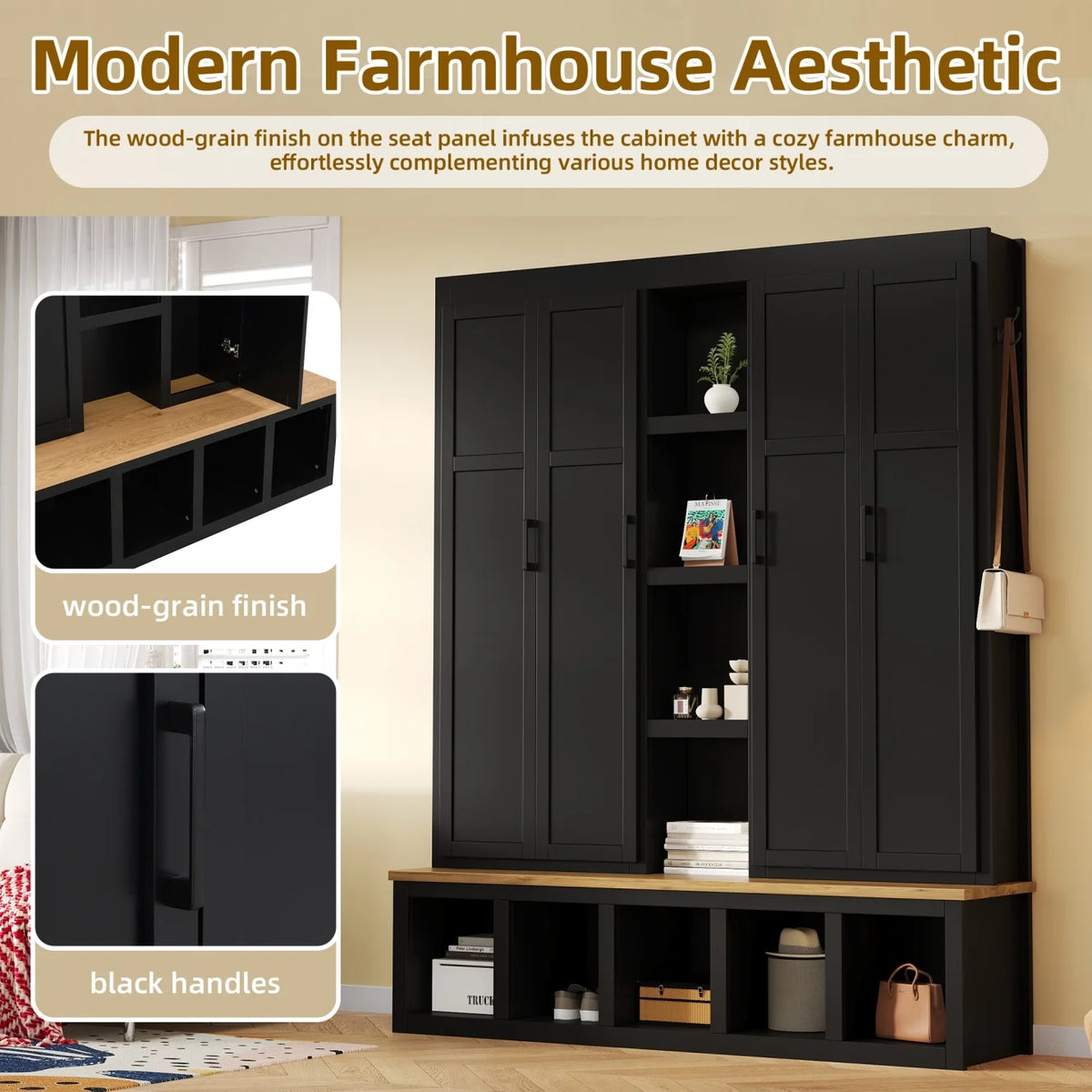 63" Farmhouse Hall Tree with Bench and Shoe Storage, 4-in-1 Entryway Bench with 4 Storage Cabinets, 5 Shoe Cabinets and 6 Hanging Hooks, Black