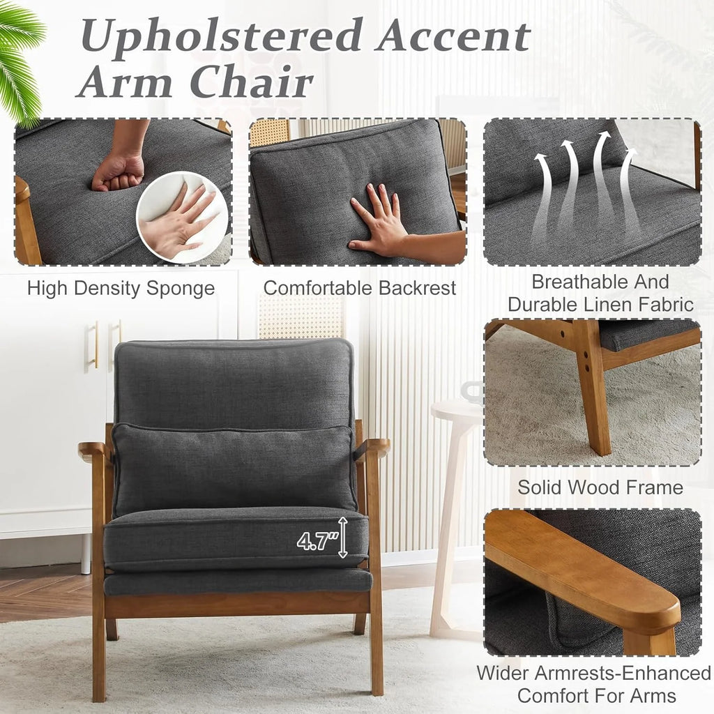 RWTFGV Solid Wood Wide Armrests Accent Chair,Upholstered Mid Century Modern Chair with Pillow,Comfy Reading Chair Farmhouse Arm Chair,Chairs Living Room,Bedroom,Guest Room,Linen Fabric,Beige