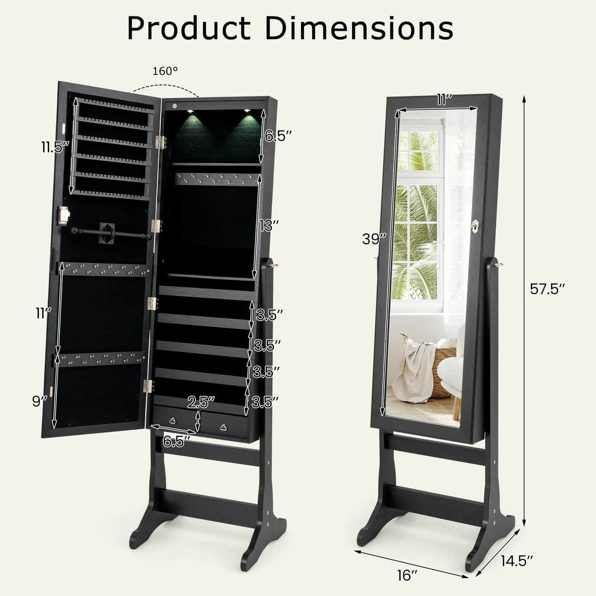 Costway Contemporary MDF Jewelry Cabinet with LED Lights in Brown