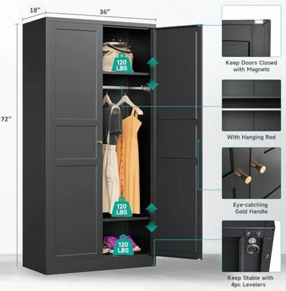 Metal Wardrobe Cabinet with Hanging Rod,Black Armoire Wardrobe Closet,Metal Clothing Storage Cabinet with Adjustable Shelves and Doors,72" Cloth Storage Cabinets for Home,Living/Laundry Room