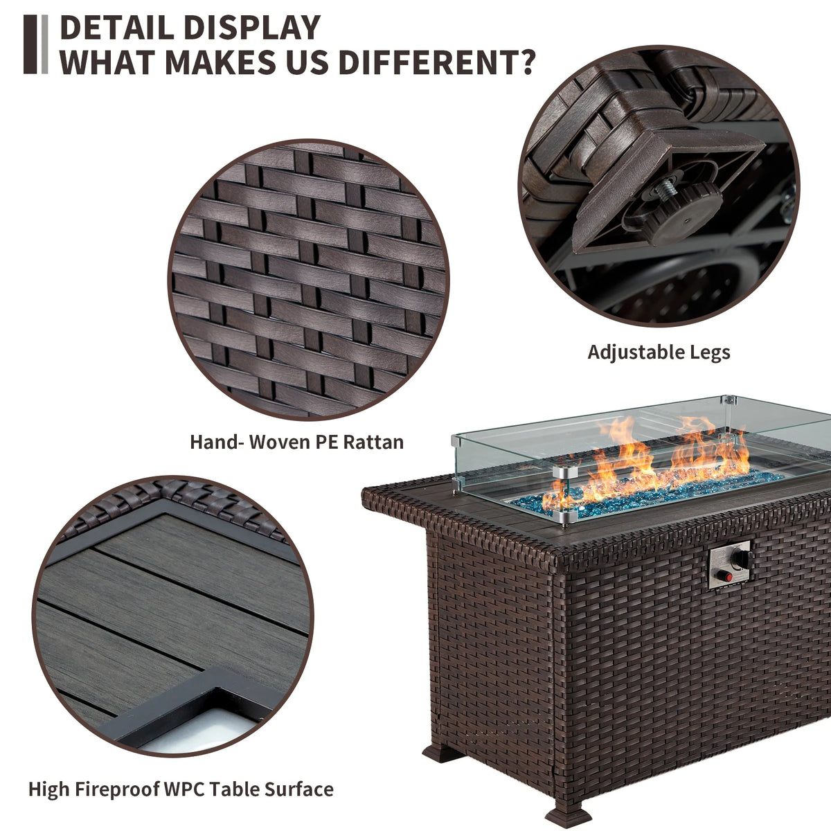 HOMREST Propane Fire Pit Table, 44 Inch 50,000 BTU Auto-Ignition Gas Fire Pit Table Rectangular /w Glass Wind Guard, Wood Plastic Composites Tabletop, CSA Certification Firepit for Outdoor Patio Lawn
