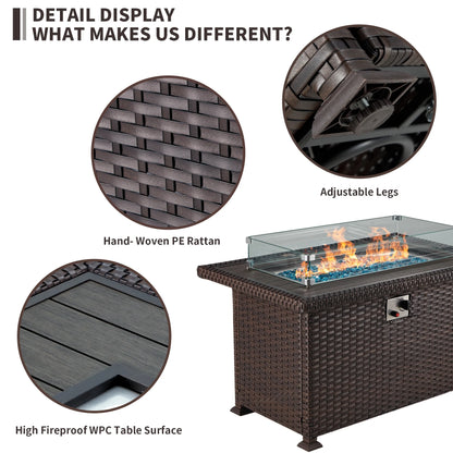 HOMREST Propane Fire Pit Table, 44 Inch 50,000 BTU Auto-Ignition Gas Fire Pit Table Rectangular /w Glass Wind Guard, Wood Plastic Composites Tabletop, CSA Certification Firepit for Outdoor Patio Lawn
