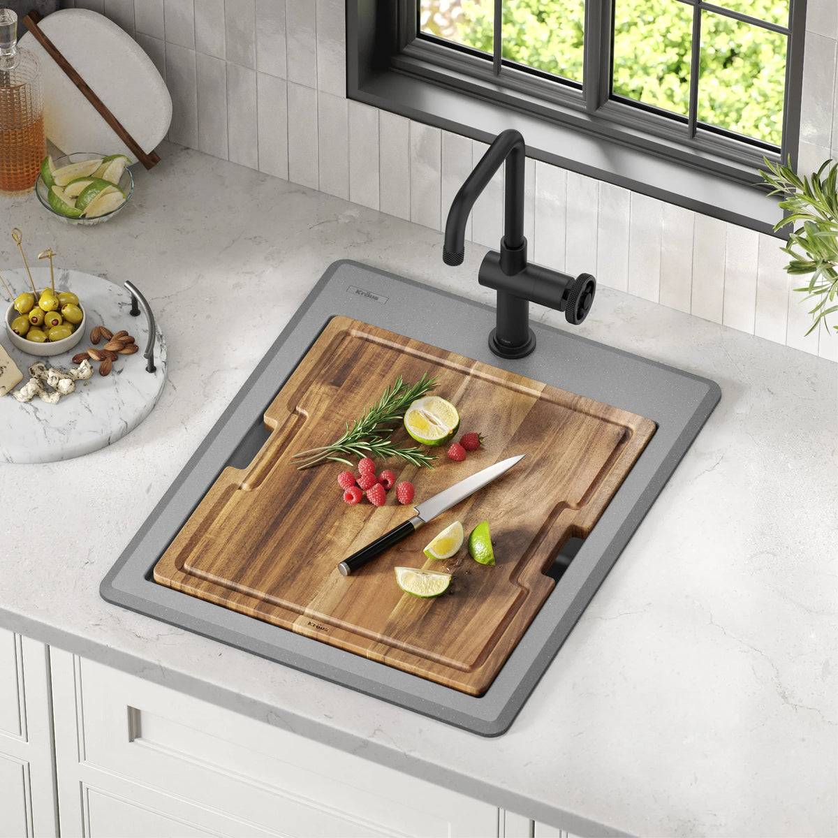 KRAUS Bellucci 18 Granite Composite Workstation Drop-In Top Mount Single Bowl Kitchen Bar Sink in White with Accessories