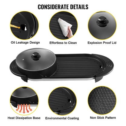VEVOR 2 in 1 Electric Hot Pot and Grill, 2200W Separate Dual Temperature Control Electric Skillet, 5 Speed for Indoor Korean BBQ,Black