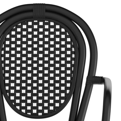 Merrick Lane Stacking Thonet French Bistro Style Chair with Arms, Black & White PE Rattan Seat, and Bamboo Finished Metal Frame for Indoor/Outdoor Use
