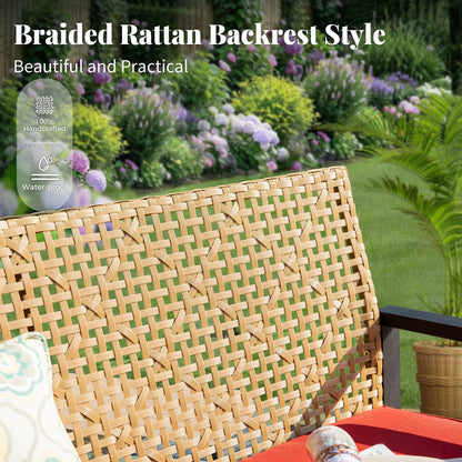 MF Studio 4-Piece All-Weather Rattan Patio Furniture Set, Outdoor Conversation Set with Wood Table, Brown and Beige