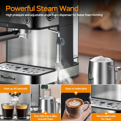 Plum Chef Espresso Coffee Machine, 20 Bar Cappuccino Latte Maker Coffee Machine with ESE POD Capsules Filter&Milk Frother, 1.6L Water Tank, for Home Barista, Stainless steel, 850W
