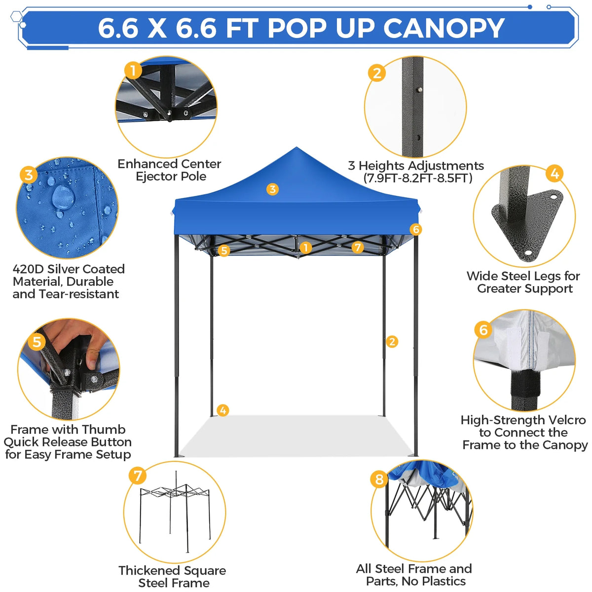 SANOPY 6.6 x 6.6 FT Pop Up Canopy Tent, Heavy Duty Canopy Easy Set up All Weather Waterproof Outdoor Canopy Tent for Parties, Beach, Garden, Camping with 1 Handbag, 3 Adjustable Heights, UPF50+