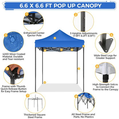 SANOPY 6.6 x 6.6 FT Pop Up Canopy Tent, Heavy Duty Canopy Easy Set up All Weather Waterproof Outdoor Canopy Tent for Parties, Beach, Garden, Camping with 1 Handbag, 3 Adjustable Heights, UPF50+