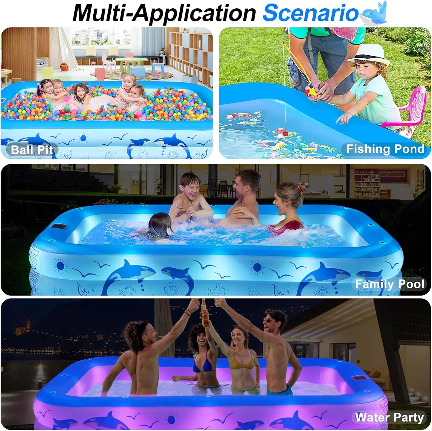 2025 Upgrade Inflatable Pool with Lights,  Powered Family Swimming Pool for Kids & Adults,  Thickened Backyard Pool - Blue