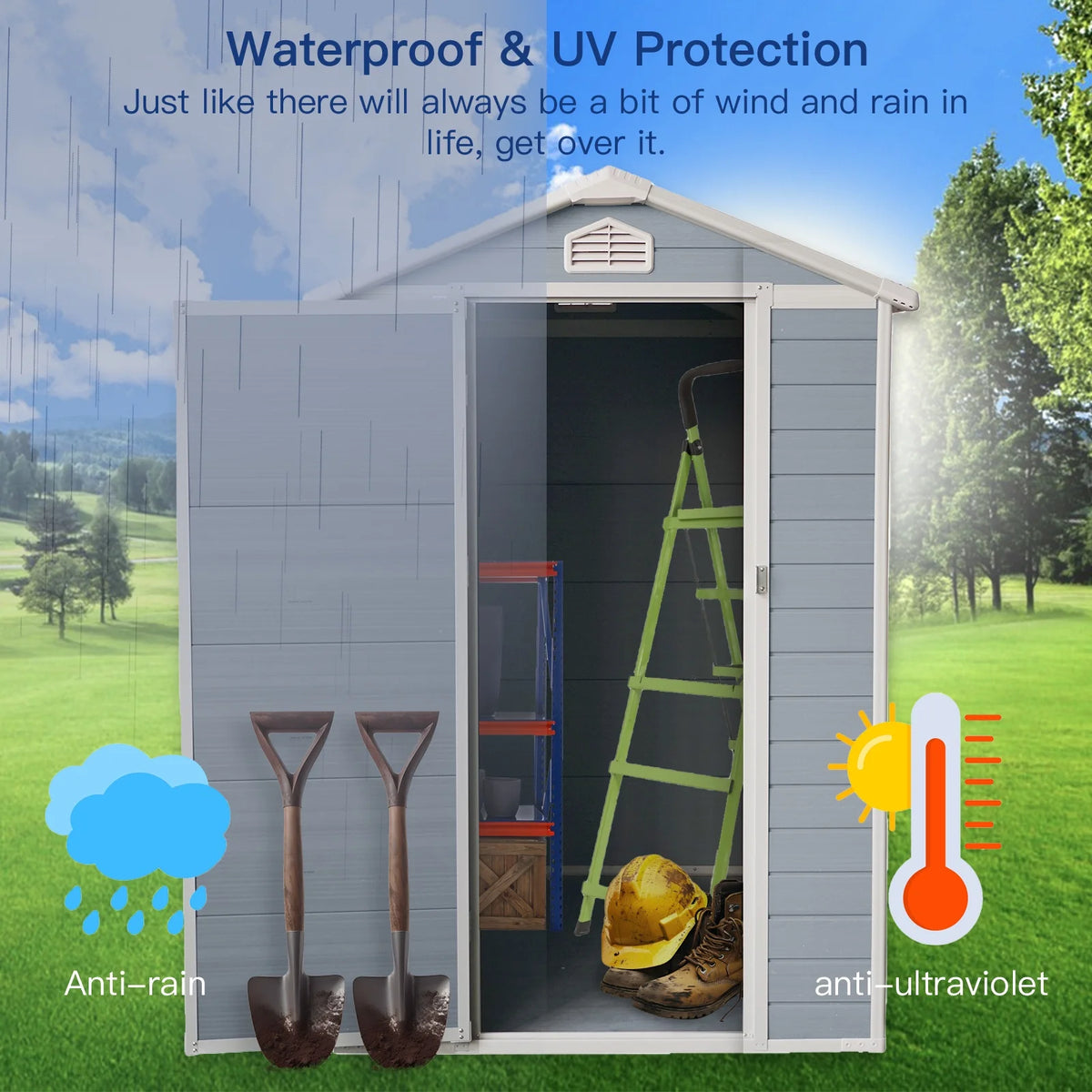 Seizeen Shed and Outdoor Storage, 41 Cu.Ft Small Outdoor Resin Shed with 3 Doors & Floor, 306GAL Deck Box Waterproof Plastic Tool Storage Shed for Cushion Lawn Mower Garbage Cans
