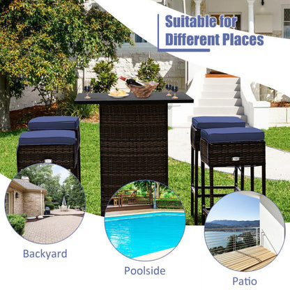 Kadyn Patio Conversation Table Chair Set, Outdoor Collection Set, 5 Pieces Patio Rattan Bar Table Stool Set Hidden Storage Shelf Cushioned-Navy