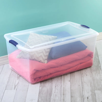 Sterilite 105 Quart Latch Box, Clear Plastic Storage Bin with Clear Lid, Blue, 4 Count