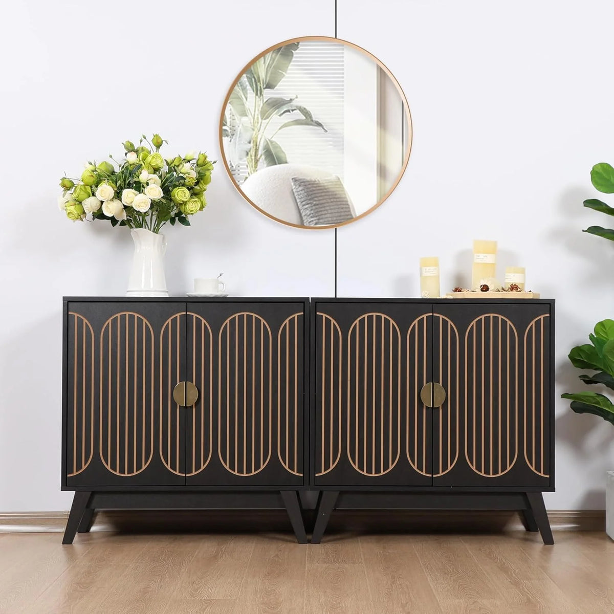 LEFHDA 2PCS Buffet Cabinet, Sideboard Cabinet with Storage, Accent Storage Cabinet with Carved Arc Door Design for Kitchen Dining Room, 2 Doors Buffet Cabinet with Adjustable Shelves