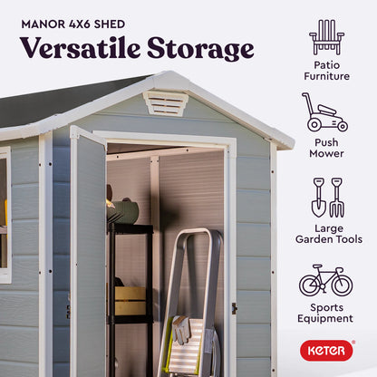 Keter 213413 Manor DD 6 X 8 Foot All Weather Outdoor Storage Shed, Grey