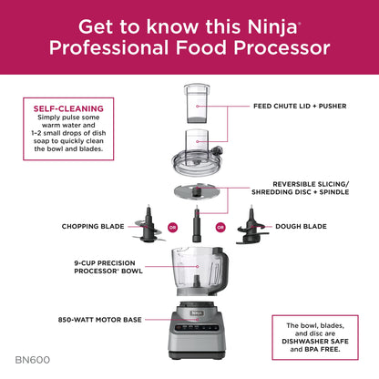 Ninja Professional 9 Cup Food Processor, 850 Watts, Auto-iQ 3 Presets, Chop, Dough, Slice, Shred, BN600 Silver