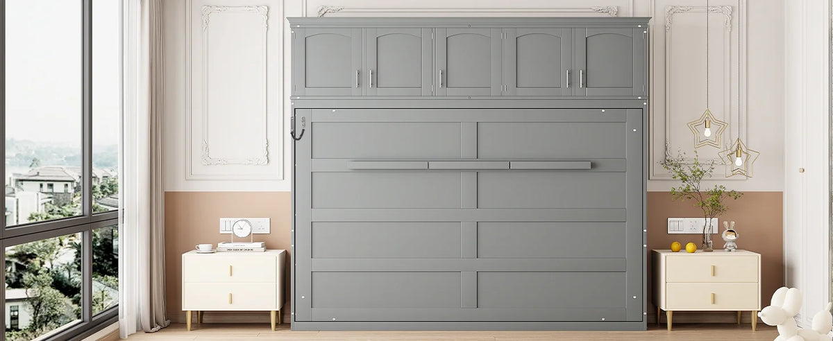 Newest Queen Size Murphy Bed Wall Bed with Top Cabinets,Gray