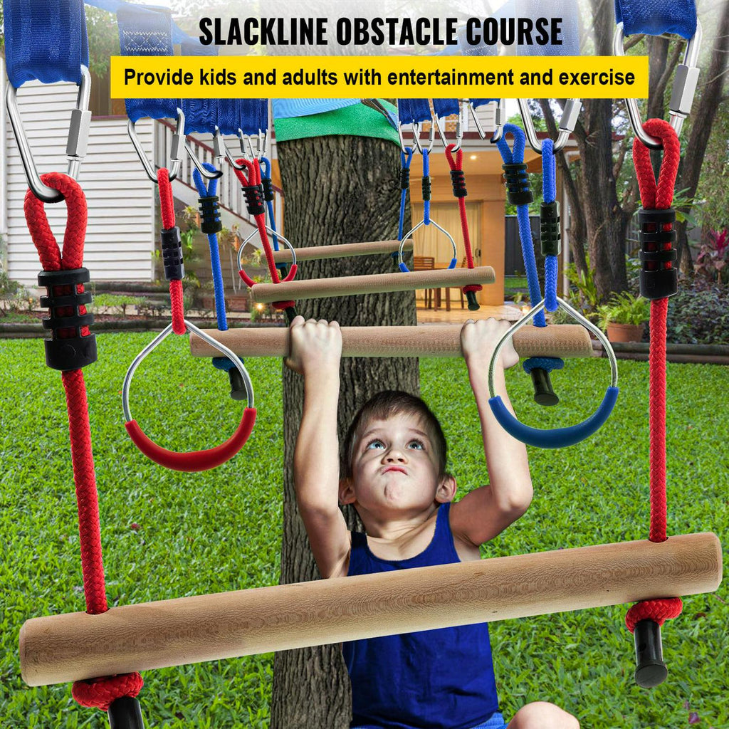 VEVOR Ninja Hanging Obstacle Course Portable 40ft. Slackline Monkey Bar Kit with 11 Swinging Obstacles.1 Climbing Rope. 4 Rings. 3 Monkey Bars - 250lb Capacity Backyard Playground Equipment Swing Set