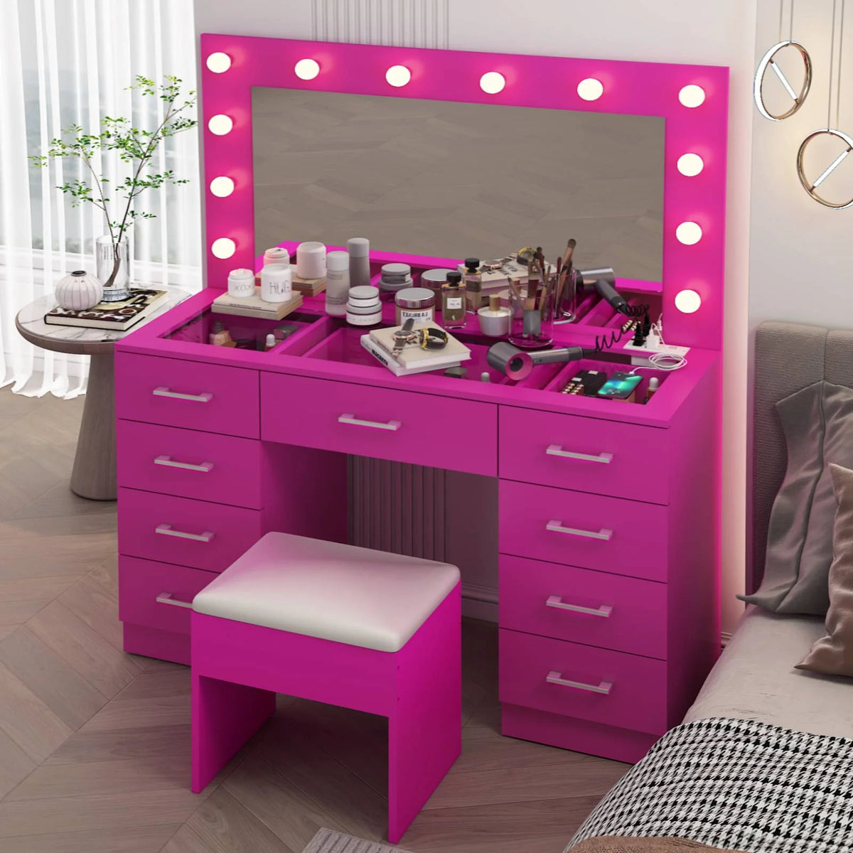 Ktaxon Large Makeup Vanity, Vanity Table Set w/ Visible Glass Top w/ Charging Station, White