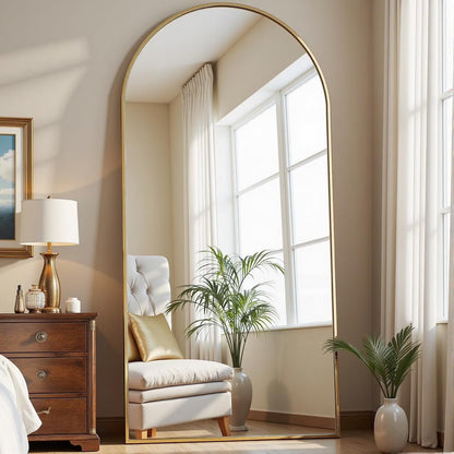 Arched Full Length Mirror, 71"x26" Large Floor Standing Body Mirror with Stand, Gold