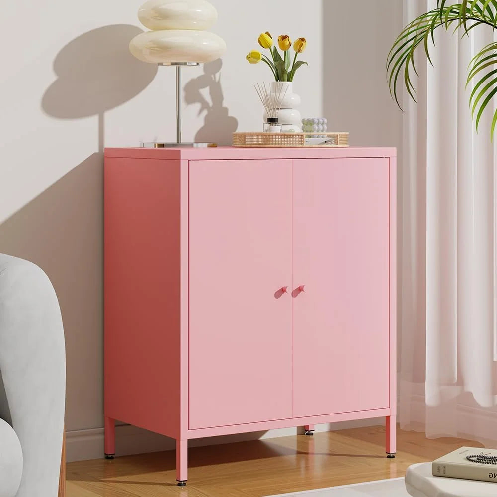 Small 2 Transparent Door Metal Storage Side Buffet Cabinet for Bed Room,Living Room,Entryway,Hallway,Home,Hotel,Office,Garage,Kitchen,1 Removable Shelf.