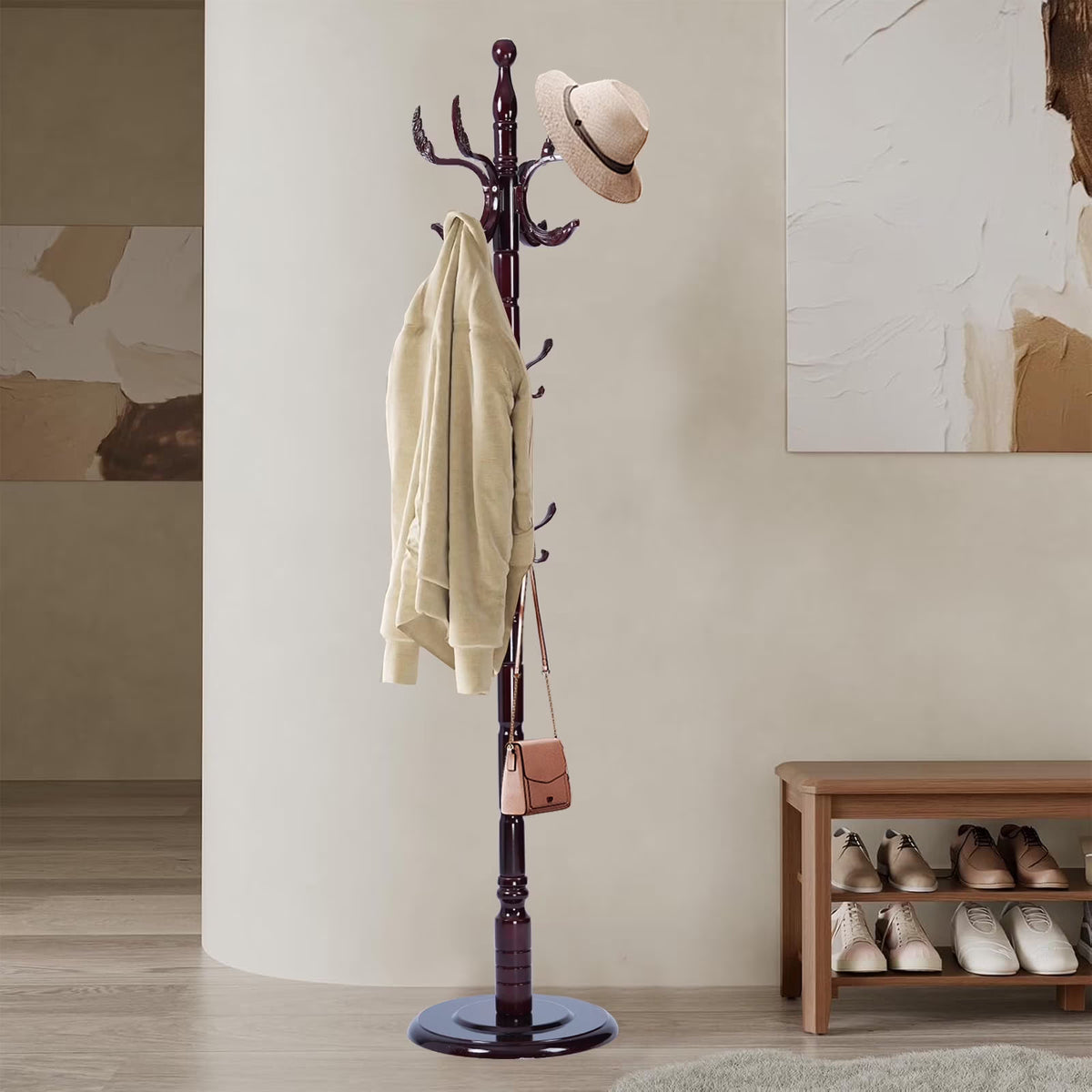 Coat Rack Freestanding, Hall Tree with 11 Hooks, Heavy Duty Wooden Coat Tree Stand, Adjustable Height, Sturdy Base for Bedroom Hallway Office - Load 270lbs