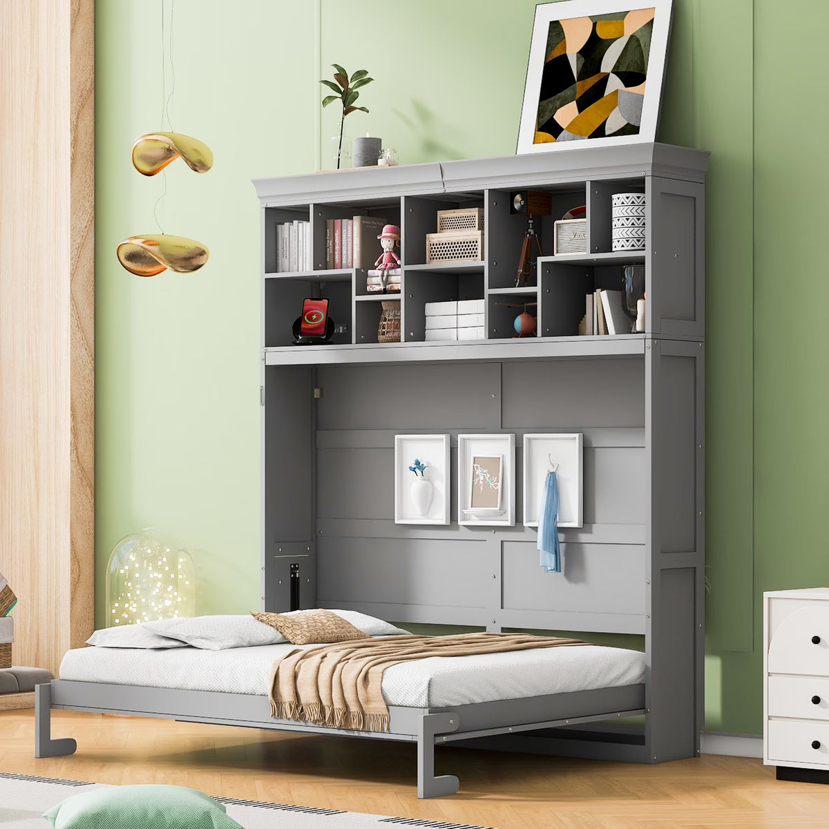 Queen Size Murphy Bed Wall Bed with Top Shelves & USB Charging, Space-Saving Cabinet Bed with Flexible Slats, Gray Modern Foldable Bed