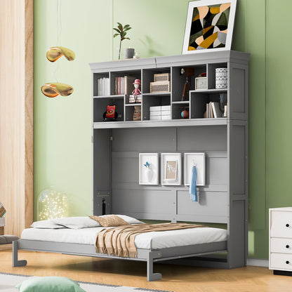 Queen Size Murphy Bed Wall Bed with Top Shelves & USB Charging, Space-Saving Cabinet Bed with Flexible Slats, Gray Modern Foldable Bed