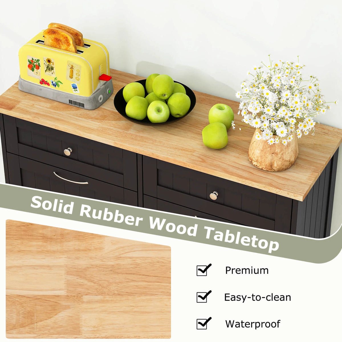 Costway 15.5 Gallon Kitchen Tilt Out Trash Cabinet Rubber Wood Tabletop 2 Drawers Shelf Gray