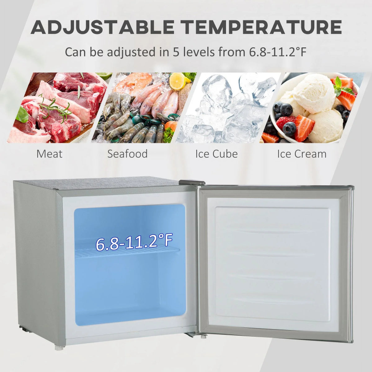 HOMCOM Mini Freezer Countertop, 1.1 Cu.Ft Compact Upright Freezer with Removable Shelves, Reversible Door for Home, Dorm, Apartment and Office, gray  05