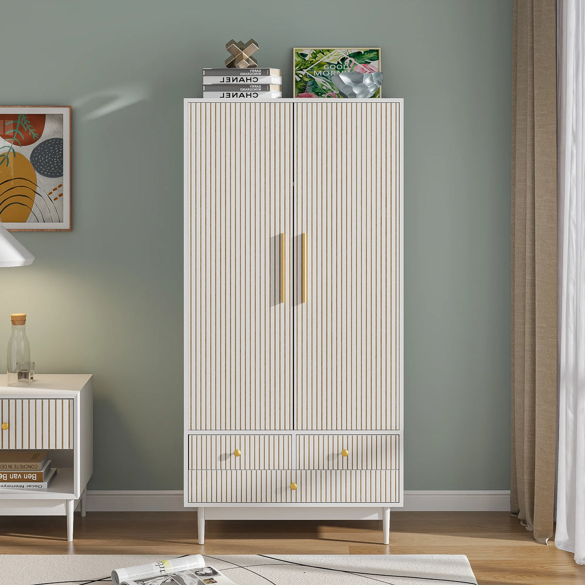 Armoire Wardrobe Closet with 2 Doors, Wardrobe Cabinet with Hanging Rod and Drawers, Wooden Closet for Bedroom, White