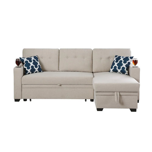 Reversible Fabric Sleeper Sofa Bed & Chaise with Cup Holder-Beige