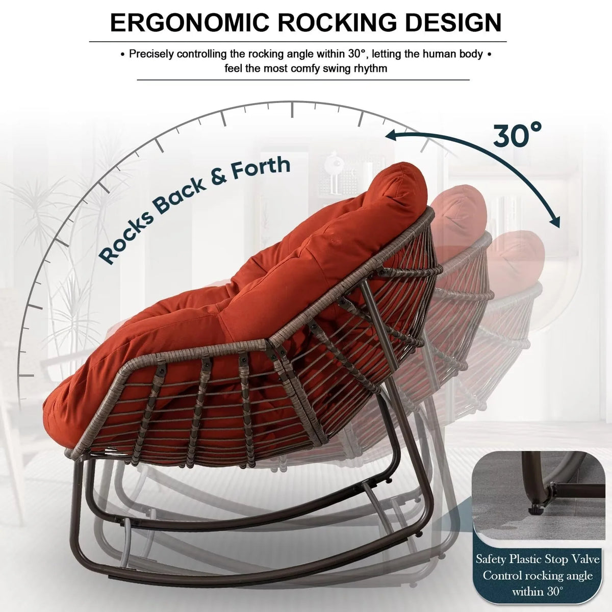 Outdoor Papasan Rocking Chair, Patio Oversized Wicker Egg Rocking Chair, Indoor & Outdoor Comfy Rocker Chair with Thick Cushion, Modern Lounge Chair for Front Porch, Garden, Backyard, Grey