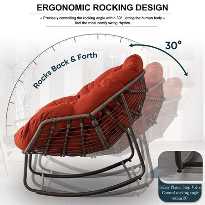 Outdoor Papasan Rocking Chair, Patio Oversized Wicker Egg Rocking Chair, Indoor & Outdoor Comfy Rocker Chair with Thick Cushion, Modern Lounge Chair for Front Porch, Garden, Backyard, Grey