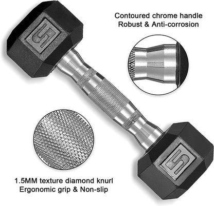 Pirecart Dumbbells Rubber Coated Cast Iron Hex Black Dumbbell Workout Dumbbell Set, 60lbs Pair