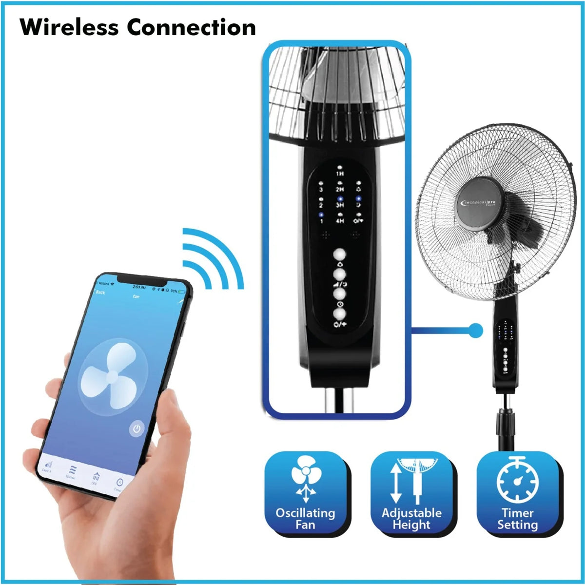 Technical Pro Smart WiFi 16 Inch Oscillating Pedestal Fan 3 Speed Black