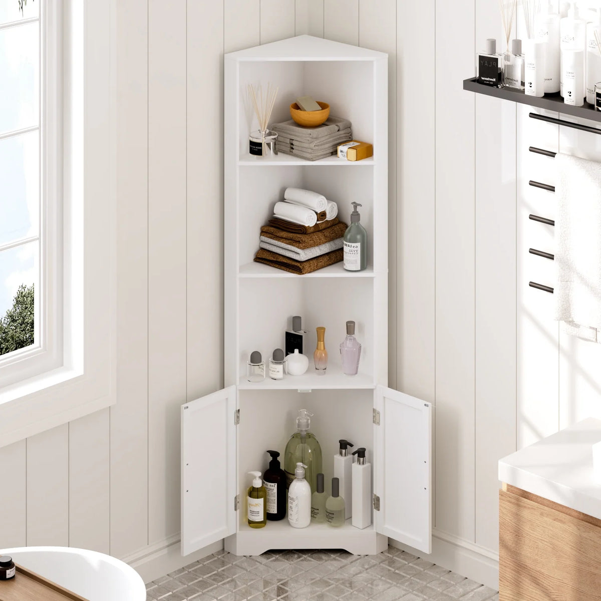 67'' Tall Corner Storage Cabinet with 2 Barn Doors for Living Room, Kitchen, Bathroom, Laundry Room, White