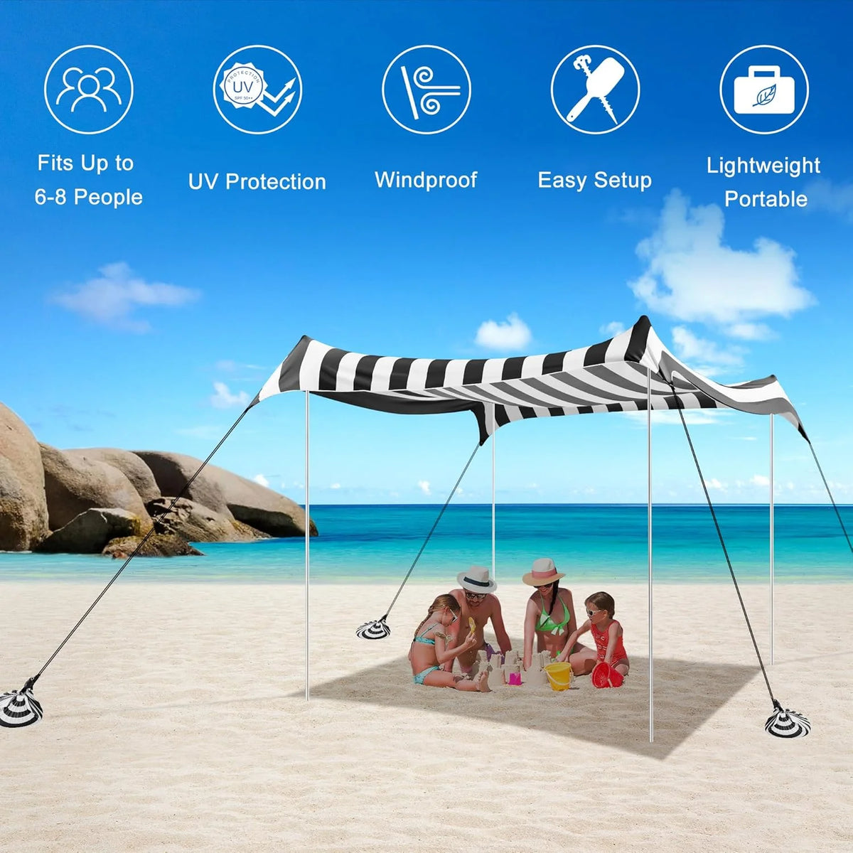 Beach Tent, UPF 50+ Beach Canopy Sun Shade, Portable 10×10 FT Large Pop-Up Beach Tent Sun Shelter with Sand Anchors, Ground Pegs, Easy Setup for Beach, Camping, Park, and Backyard Fun