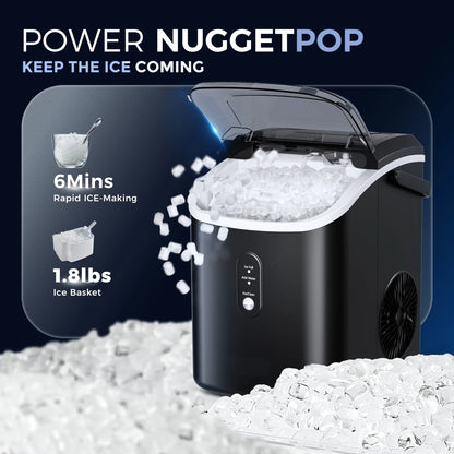 Simzlife Nugget Ice Maker Countertop, 34.9lbs per Day Chewable Pebble Nugget Ice Machine with Touch Screen for Home, Kitchen, Office, Stainless Steel, Black