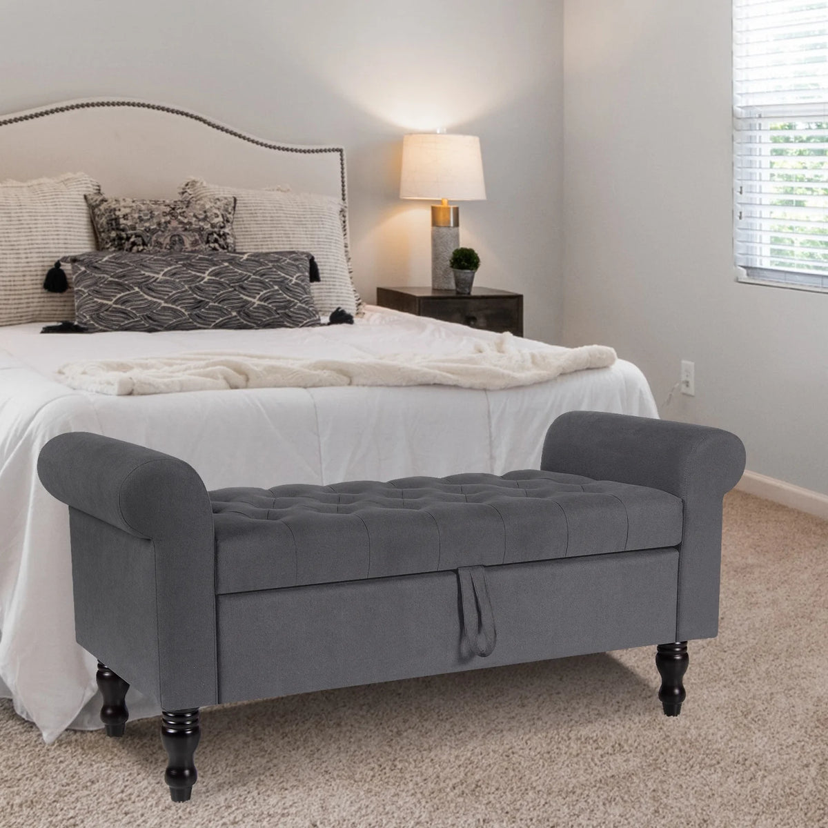 Storage Bench with Upholstered Rolled Arm Ottoman Bench Couch w/ Solid Wood Legs for Bedroom End of Bed,and Living room,Gray