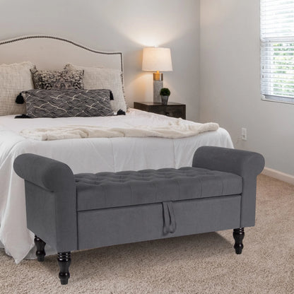 Storage Bench with Upholstered Rolled Arm Ottoman Bench Couch w/ Solid Wood Legs for Bedroom End of Bed,and Living room,Gray