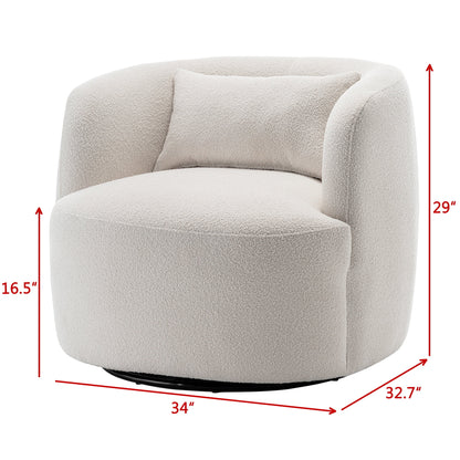 34" Wide Boucle Swivel Barrel Chair, No Assembly Round Upholstered Armchair Accent Chair Single Sofa Chair with Toss Pillow for Living Room and Bedroom, Taupe
